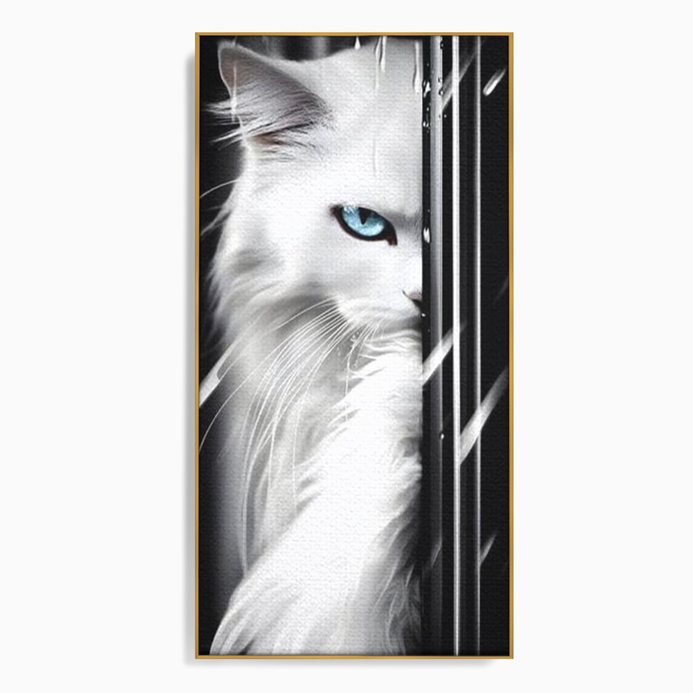 Tablou canvas cu tablou canvas cu pisica alba si ochi albastri, in rama de aluminiu auriu